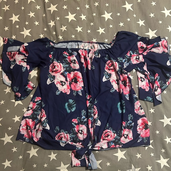 Tops - Dark blue and pink floral off the shoulders short sleeve top.